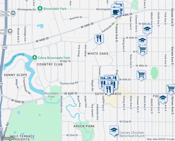 map of restaurants, bars, coffee shops, grocery stores, and more near 4609 Arden Avenue in Minneapolis