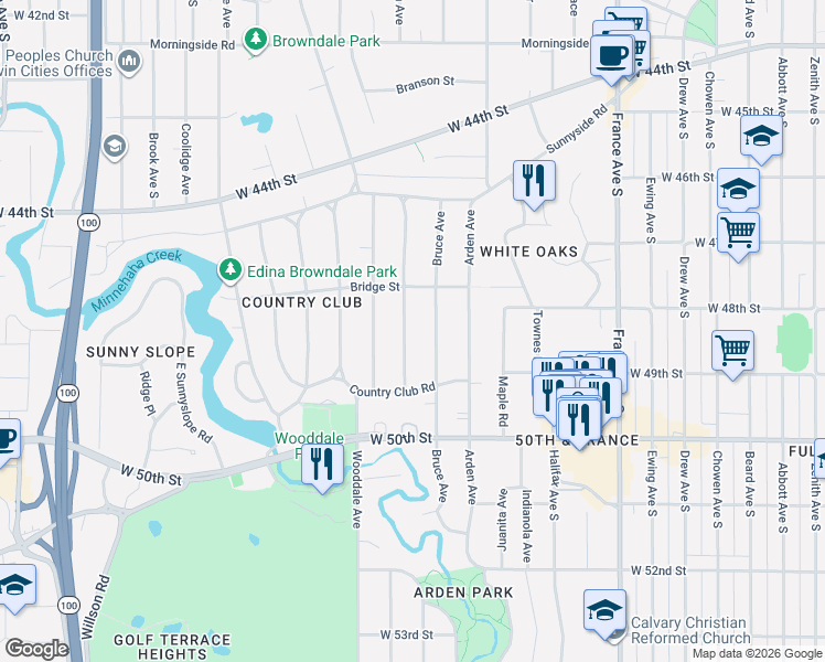 map of restaurants, bars, coffee shops, grocery stores, and more near 4611 Casco Avenue in Minneapolis