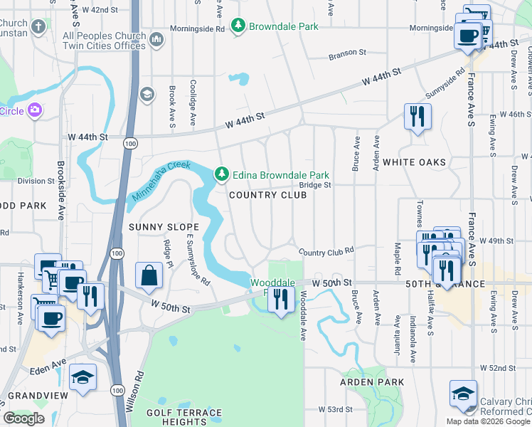map of restaurants, bars, coffee shops, grocery stores, and more near 4605 Moorland Avenue in Minneapolis