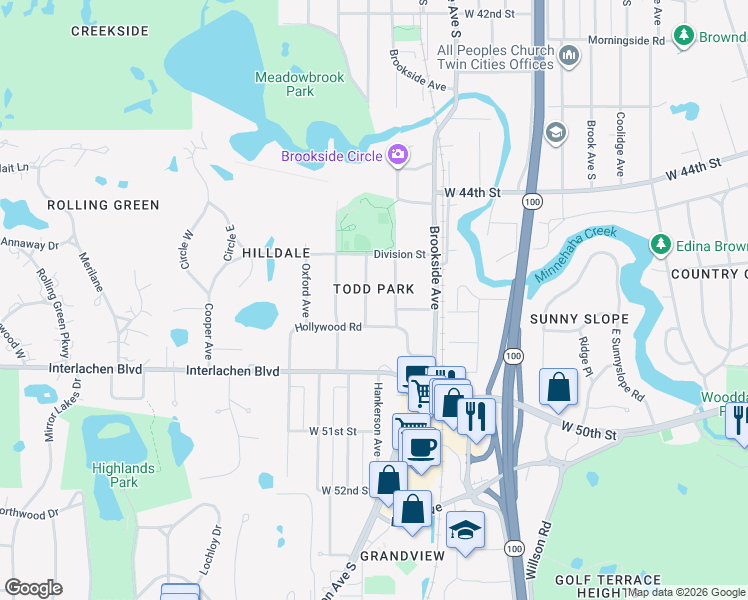 map of restaurants, bars, coffee shops, grocery stores, and more near 4520 Parkside Lane in Edina