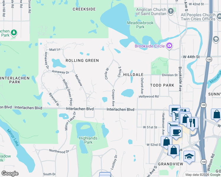 map of restaurants, bars, coffee shops, grocery stores, and more near 1 Circle West in Minneapolis