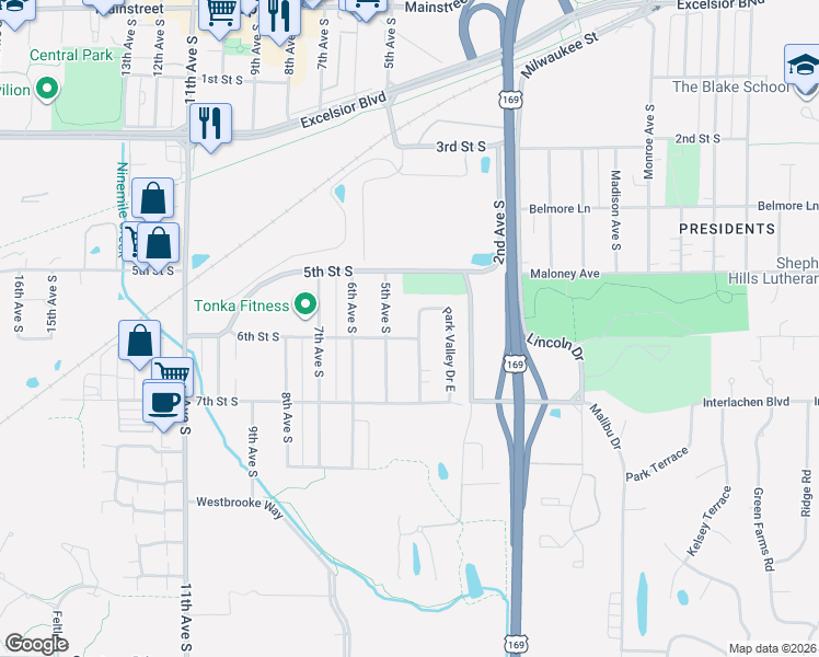 map of restaurants, bars, coffee shops, grocery stores, and more near 525 Park Valley Drive West in Hopkins