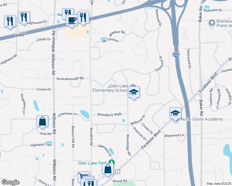 map of restaurants, bars, coffee shops, grocery stores, and more near 4819 Highbury Lane in Minnetonka