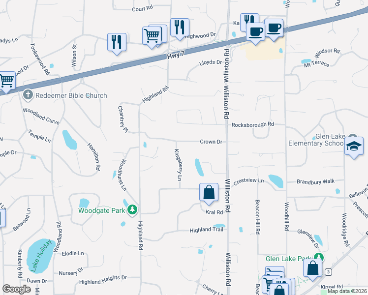 map of restaurants, bars, coffee shops, grocery stores, and more near 15008 Crown Drive in Minnetonka