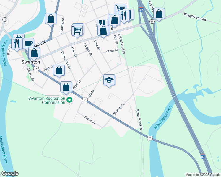 map of restaurants, bars, coffee shops, grocery stores, and more near 24 4th Street in Swanton