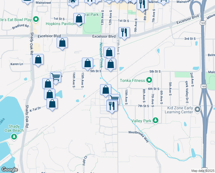 map of restaurants, bars, coffee shops, grocery stores, and more near 1201 6th Street South in Hopkins