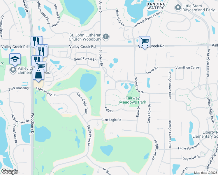 map of restaurants, bars, coffee shops, grocery stores, and more near 2256 Saint Johns Drive in Woodbury