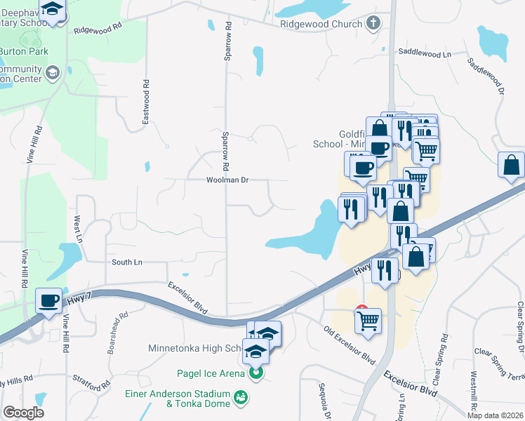 map of restaurants, bars, coffee shops, grocery stores, and more near 18224 Hermitage Way in Minnetonka