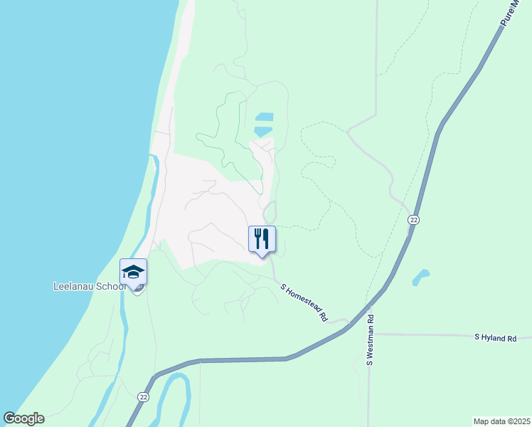 map of restaurants, bars, coffee shops, grocery stores, and more near 4890 Woodridge Road in Glen Arbor