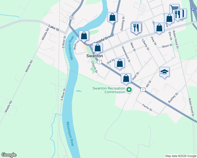 map of restaurants, bars, coffee shops, grocery stores, and more near 21 Church Street in Swanton