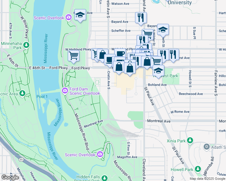 map of restaurants, bars, coffee shops, grocery stores, and more near in Saint Paul