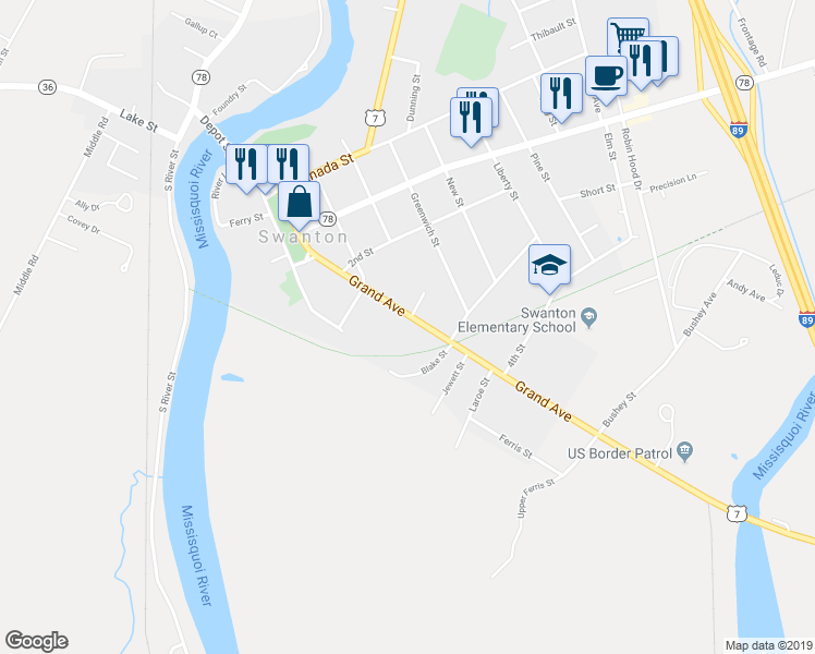 map of restaurants, bars, coffee shops, grocery stores, and more near 66 Grand Avenue in Swanton