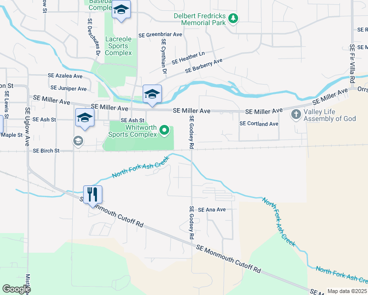 map of restaurants, bars, coffee shops, grocery stores, and more near 1343 Southeast Godsey Road in Dallas