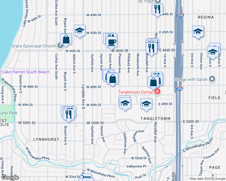 map of restaurants, bars, coffee shops, grocery stores, and more near 305 West 48th Street in Minneapolis