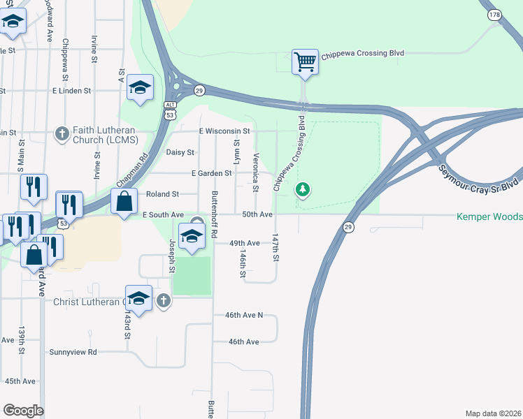 map of restaurants, bars, coffee shops, grocery stores, and more near 855 Veronica Street in Chippewa Falls