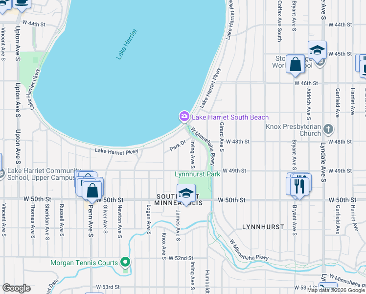 map of restaurants, bars, coffee shops, grocery stores, and more near 4800 Park Drive in Minneapolis