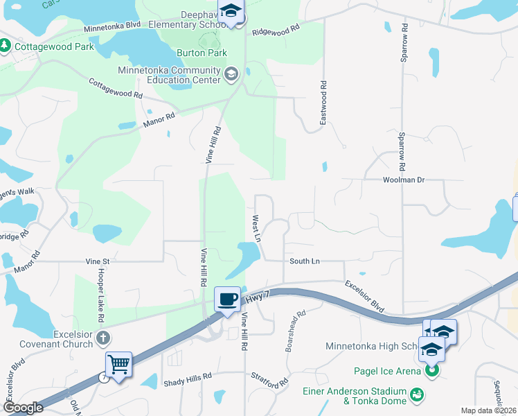 map of restaurants, bars, coffee shops, grocery stores, and more near 4816 Shady Lane North in Minnetonka