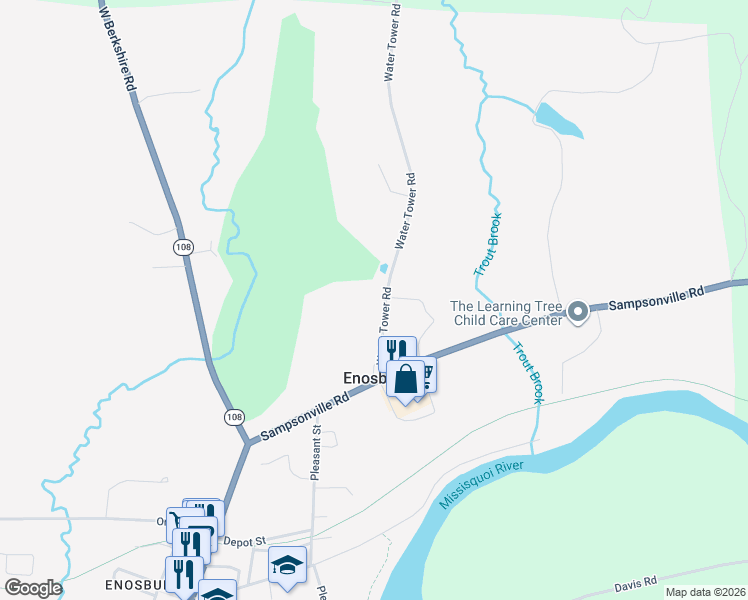 map of restaurants, bars, coffee shops, grocery stores, and more near 169 Water Tower Road in Enosburg