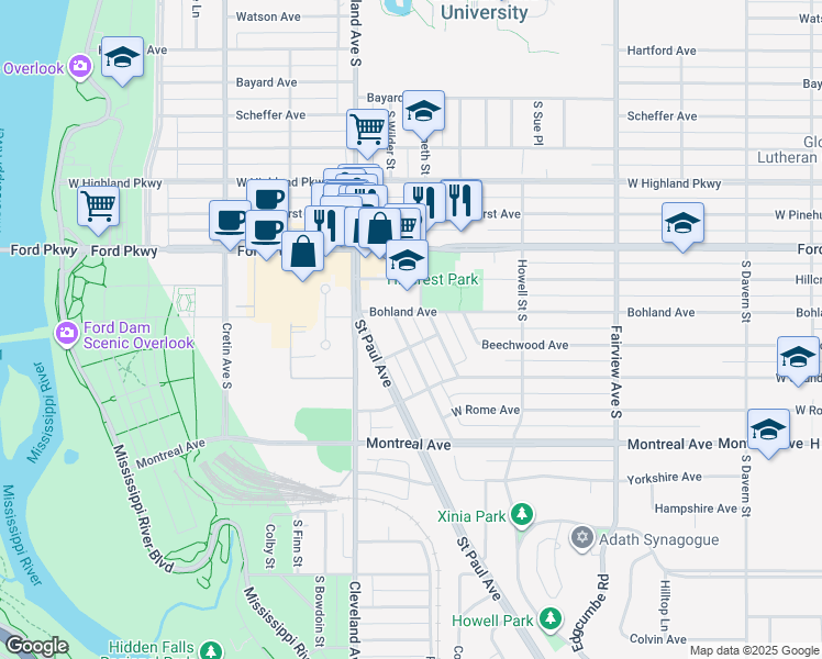 map of restaurants, bars, coffee shops, grocery stores, and more near 841 South Kenneth Street in Saint Paul