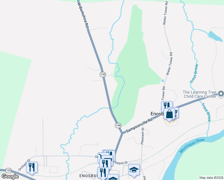 map of restaurants, bars, coffee shops, grocery stores, and more near 352 West Berkshire Road in Enosburg