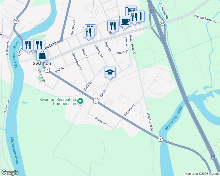 map of restaurants, bars, coffee shops, grocery stores, and more near 20 4th Street in Swanton