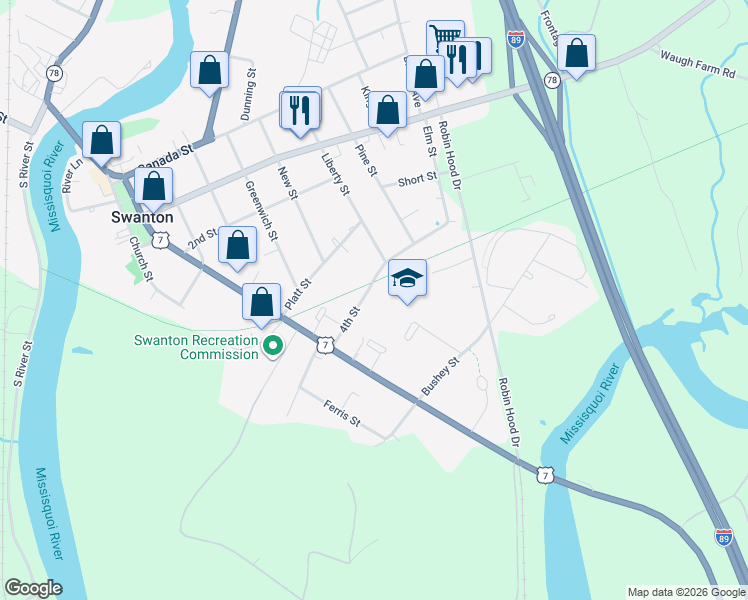map of restaurants, bars, coffee shops, grocery stores, and more near 20 4th Street in Swanton