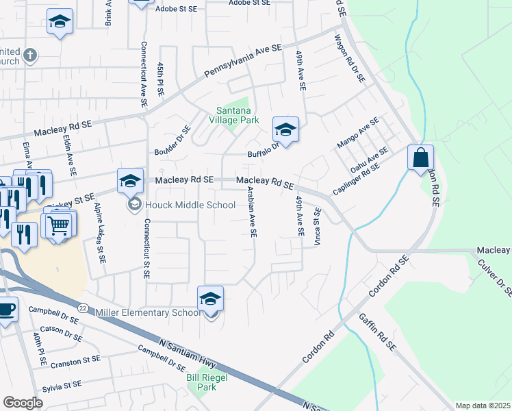 map of restaurants, bars, coffee shops, grocery stores, and more near 1148 Arabian Avenue Southeast in Salem