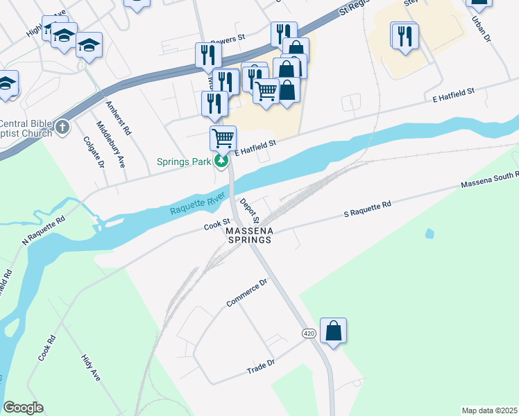 map of restaurants, bars, coffee shops, grocery stores, and more near 67-99 Depot St in Massena