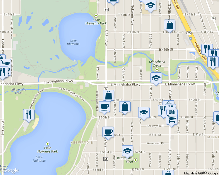 map of restaurants, bars, coffee shops, grocery stores, and more near 2821 East Minnehaha Parkway in Minneapolis