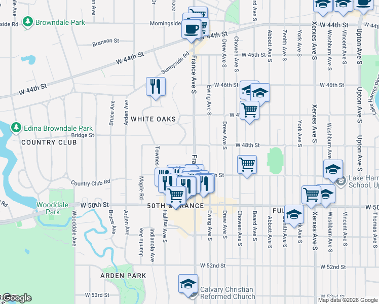 map of restaurants, bars, coffee shops, grocery stores, and more near 3905 West 48th Street in Minneapolis