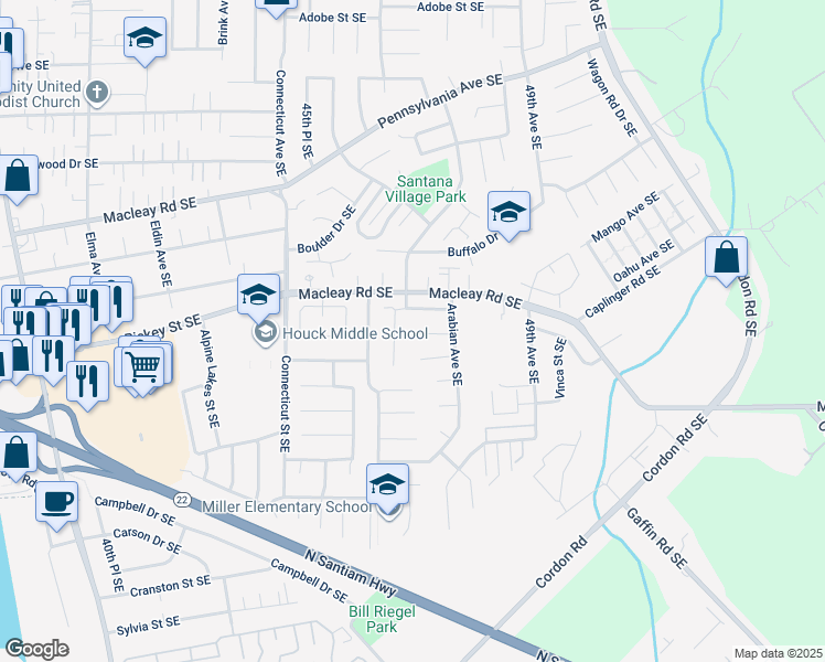 map of restaurants, bars, coffee shops, grocery stores, and more near 4723 Palomino Court Southeast in Salem