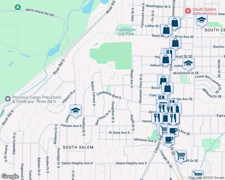 map of restaurants, bars, coffee shops, grocery stores, and more near 590 Boice Street South in Salem
