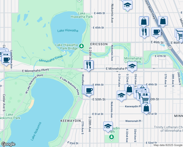 map of restaurants, bars, coffee shops, grocery stores, and more near 2719 East Minnehaha Parkway in Minneapolis