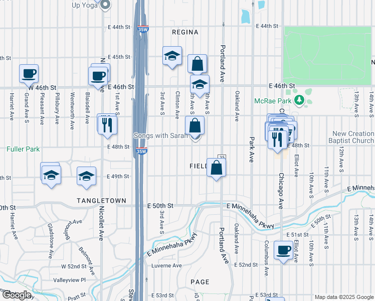 map of restaurants, bars, coffee shops, grocery stores, and more near 389 East 48th Street in Minneapolis