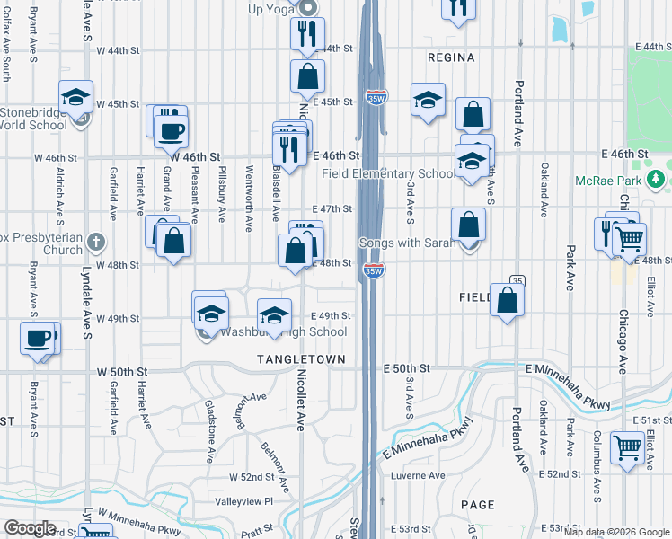 map of restaurants, bars, coffee shops, grocery stores, and more near 4741 East 48th Street in Minneapolis