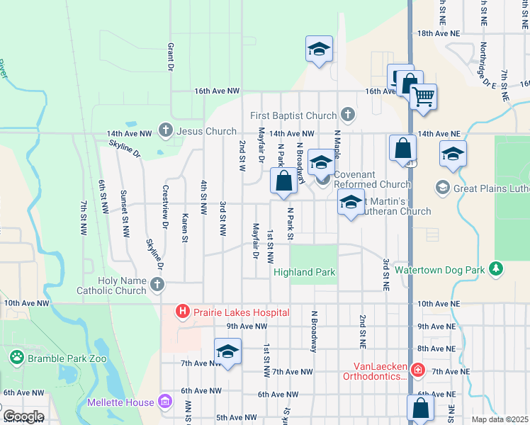map of restaurants, bars, coffee shops, grocery stores, and more near 1132-1198 Mayfair Dr in Watertown
