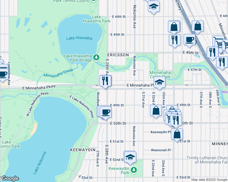 map of restaurants, bars, coffee shops, grocery stores, and more near 2821 East Minnehaha Parkway in Minneapolis