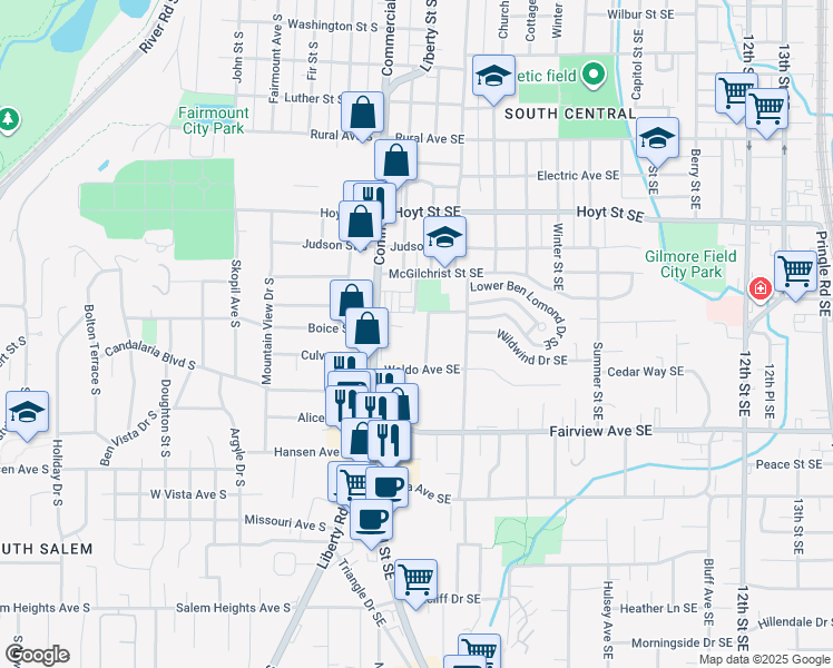 map of restaurants, bars, coffee shops, grocery stores, and more near 2655 East Nob Hill Street Southeast in Salem