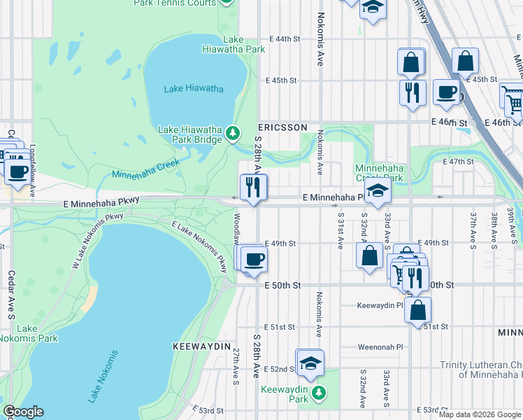 map of restaurants, bars, coffee shops, grocery stores, and more near 2719 East Minnehaha Parkway in Minneapolis