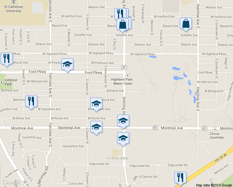 map of restaurants, bars, coffee shops, grocery stores, and more near 1600 Bohland Avenue in Saint Paul