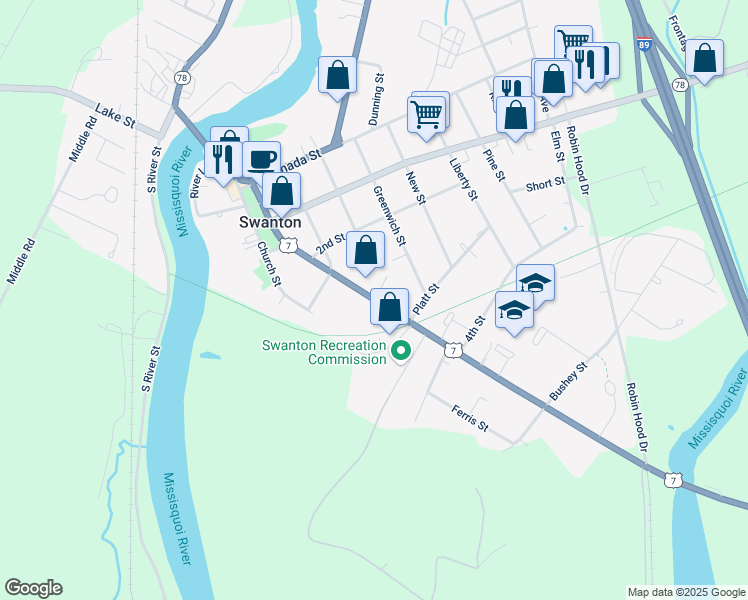 map of restaurants, bars, coffee shops, grocery stores, and more near Grand Avenue in Swanton