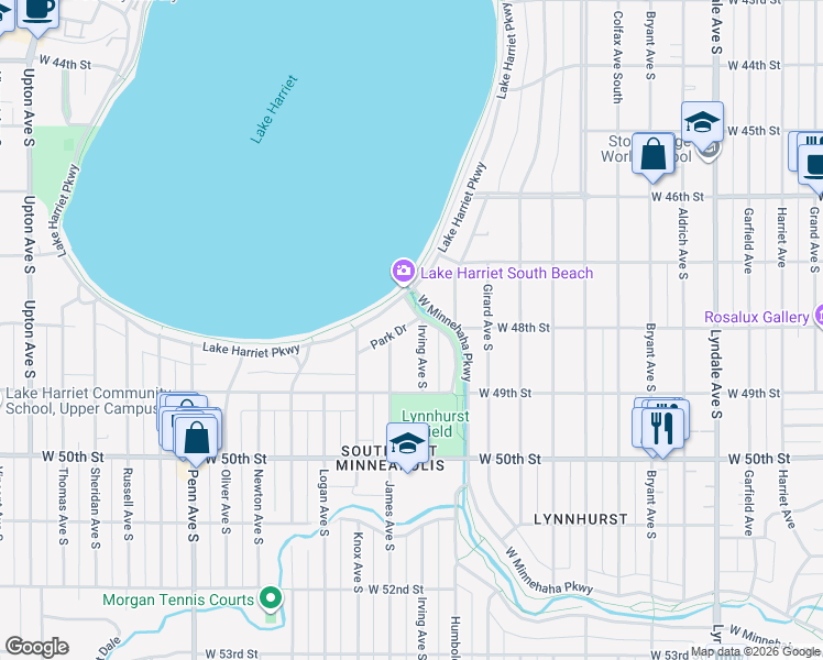 map of restaurants, bars, coffee shops, grocery stores, and more near 4800 Park Drive in Minneapolis