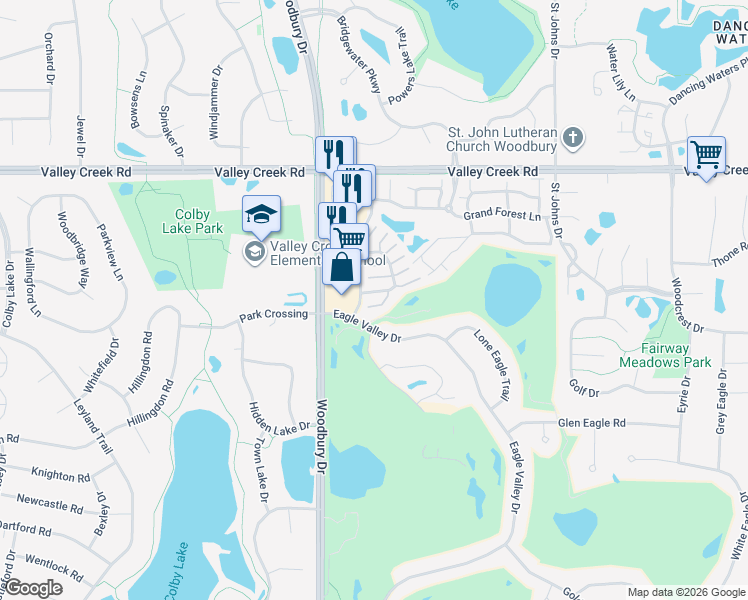 map of restaurants, bars, coffee shops, grocery stores, and more near 2553 Eagle Trace Lane in Woodbury