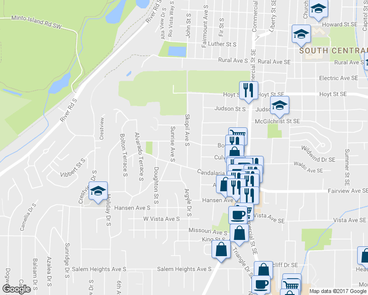 map of restaurants, bars, coffee shops, grocery stores, and more near 2625 Skopil Avenue South in Salem