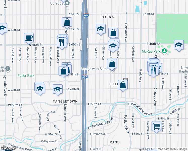 map of restaurants, bars, coffee shops, grocery stores, and more near 221 East 48th Street in Minneapolis