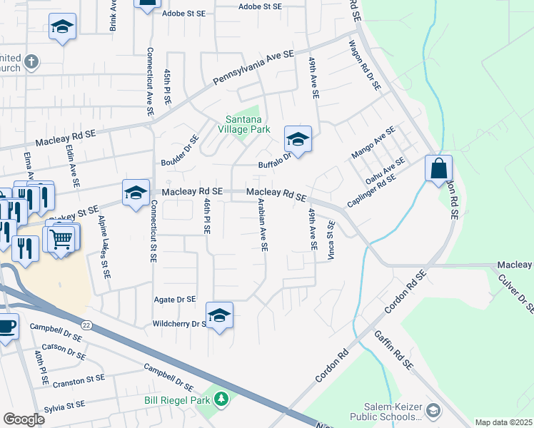 map of restaurants, bars, coffee shops, grocery stores, and more near 1148 Arabian Avenue Southeast in Salem