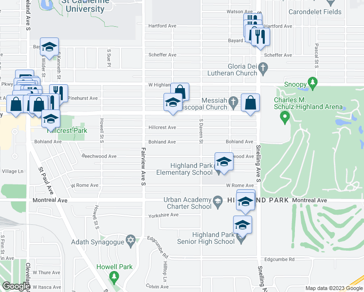 map of restaurants, bars, coffee shops, grocery stores, and more near 1740 Bohland Avenue in Saint Paul