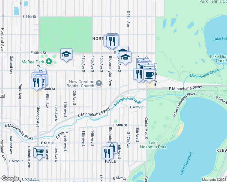 map of restaurants, bars, coffee shops, grocery stores, and more near 4801 Bloomington Avenue in Minneapolis