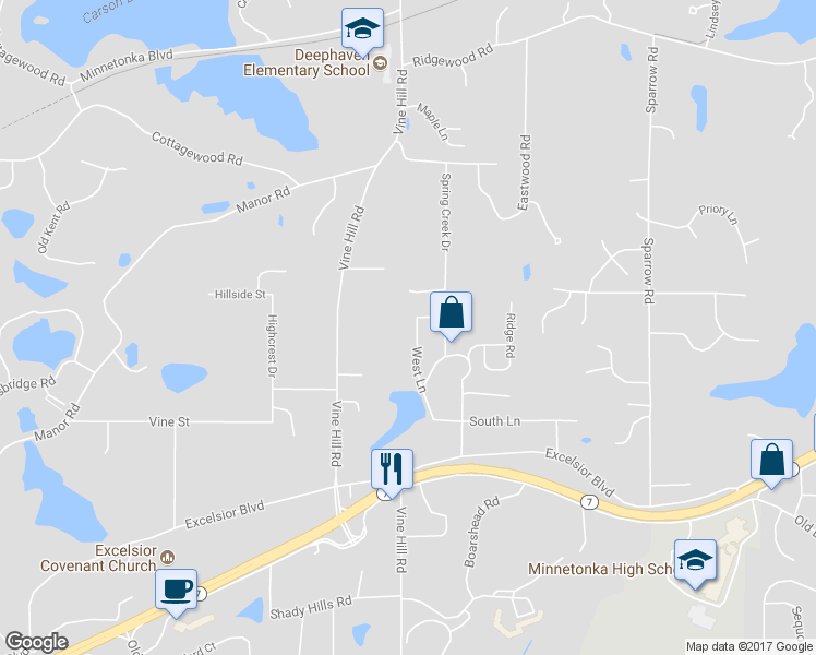 map of restaurants, bars, coffee shops, grocery stores, and more near 4824 West Lane in Minnetonka