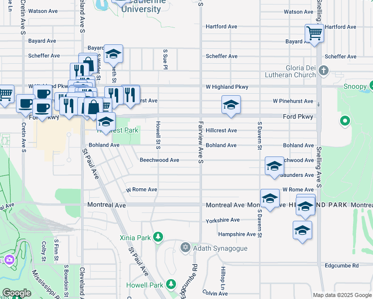 map of restaurants, bars, coffee shops, grocery stores, and more near 1846 Bohland Avenue in Saint Paul